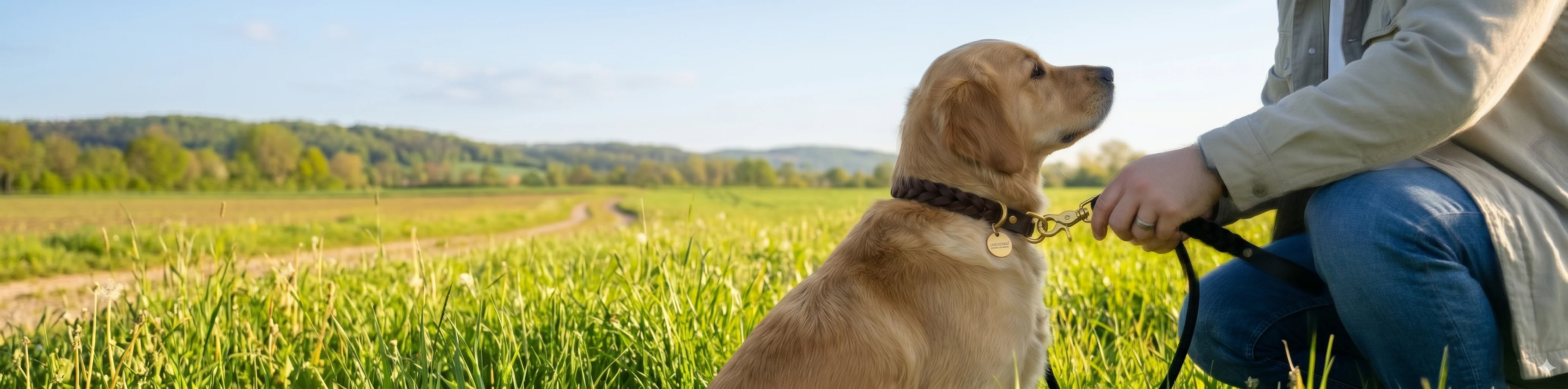 LEINENREICH - Homepage. Mann legt Hund die Leine an. 